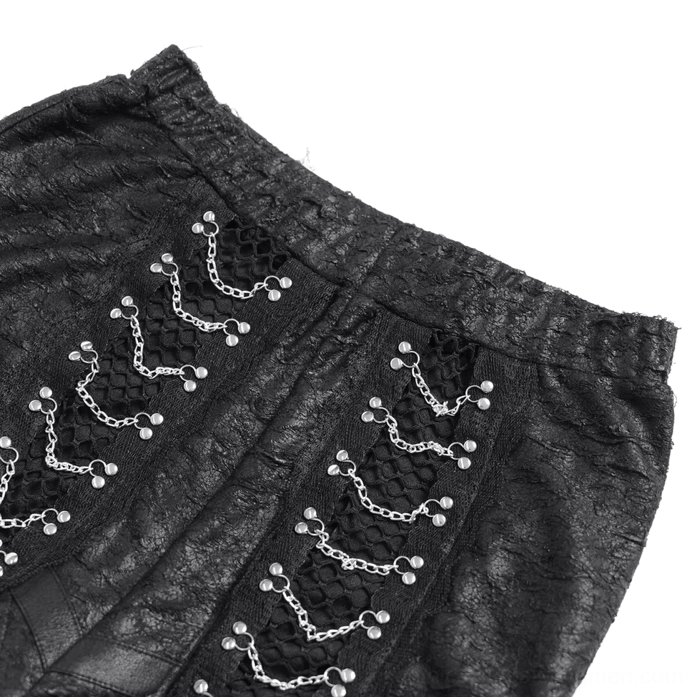 Close-up top view of fishnet pants waistband showing chain lace-up trim and textured fabric details