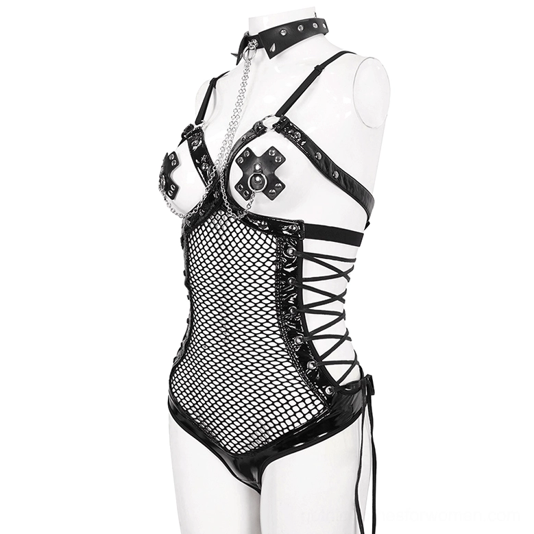 Gothic fishnet lingerie bodysuit with patent leather accents and mesh torso - full front mannequin view
