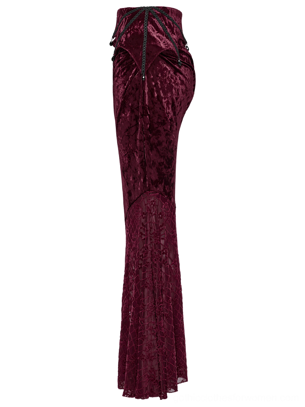 Back view of wine red gothic fishtail skirt showing drawstring detail and full-length floral lace hem