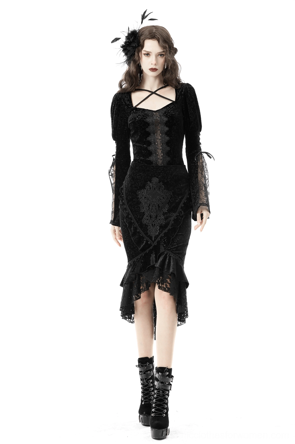 Fishtail skirt shown on model demonstrating elegant black velvet drape and lace layering in motion