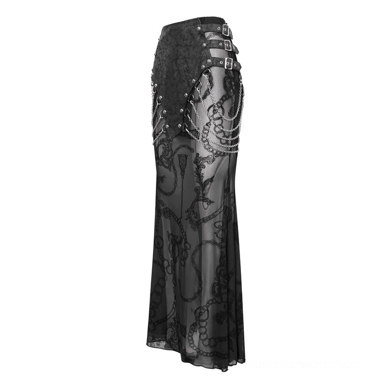 Black gothic mesh fishtail skirt side full-length view displaying metal chains, buckles, and dramatic silhouette with heels