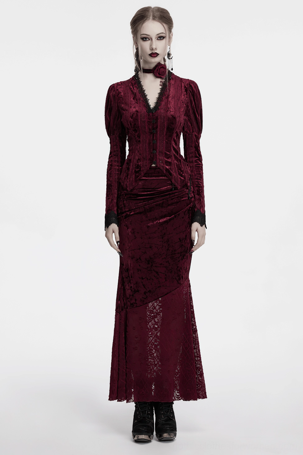 Burgundy gothic velvet fishtail skirt detail showing drawstring closure area and asymmetrical waistband design elements