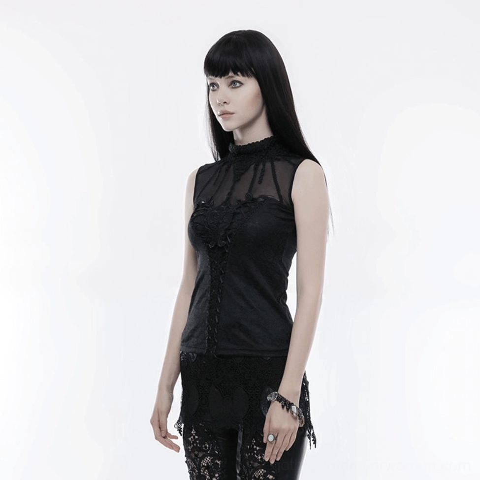 Fitted black gothic lace tank top with high collar and ornate embroidered front panels, gothic clothing essentials