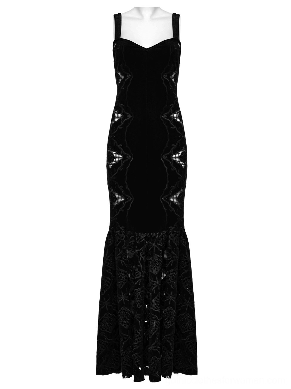 Front view of black fitted velvet gothic dress on mannequin displaying sweetheart straps and floral lace embroidered hemline