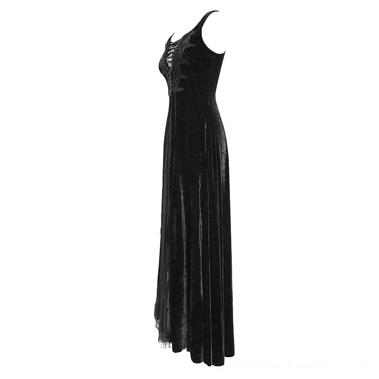 Sleeveless fitted black velvet gothic maxi dress with floor-length silhouette, side full-body product shot showing fitted bodice and flowing skirt on white background