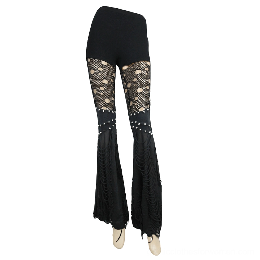 Black flared gothic pants with cutout mesh details - front mannequin view