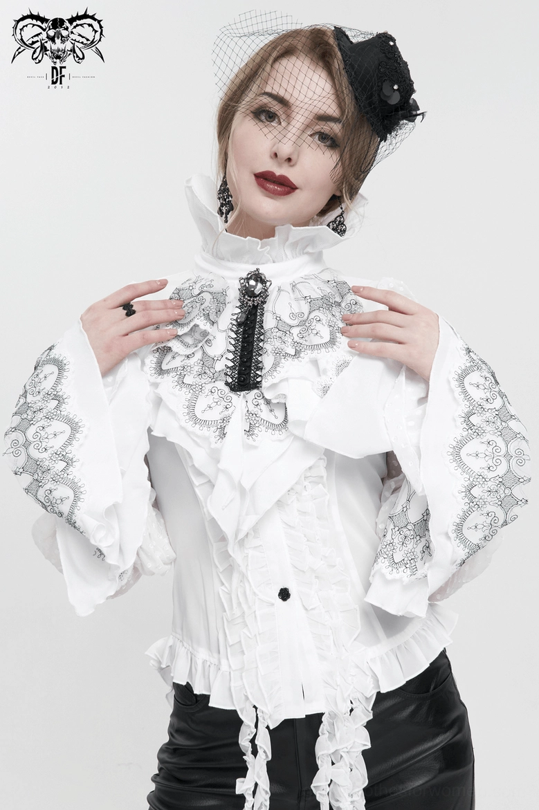 Model in white flared lace gloves with vintage veil hat and romantic gothic ruffled blouse, front medium view