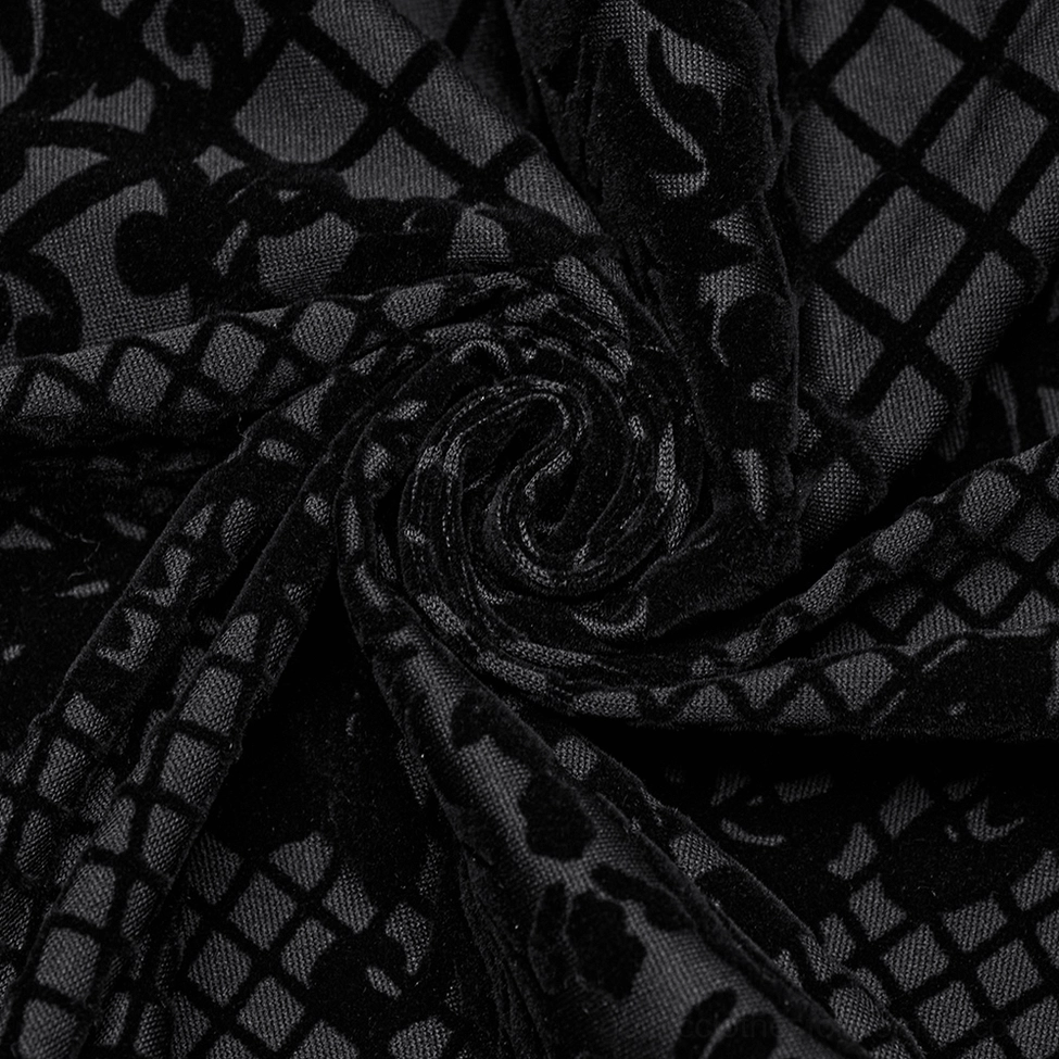 Black gothic crop jacket soft flocked velvet fabric close-up texture detail