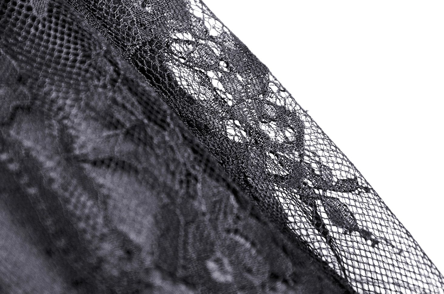 Macro photograph of floral embroidered lace hem trim on gothic maxi skirt