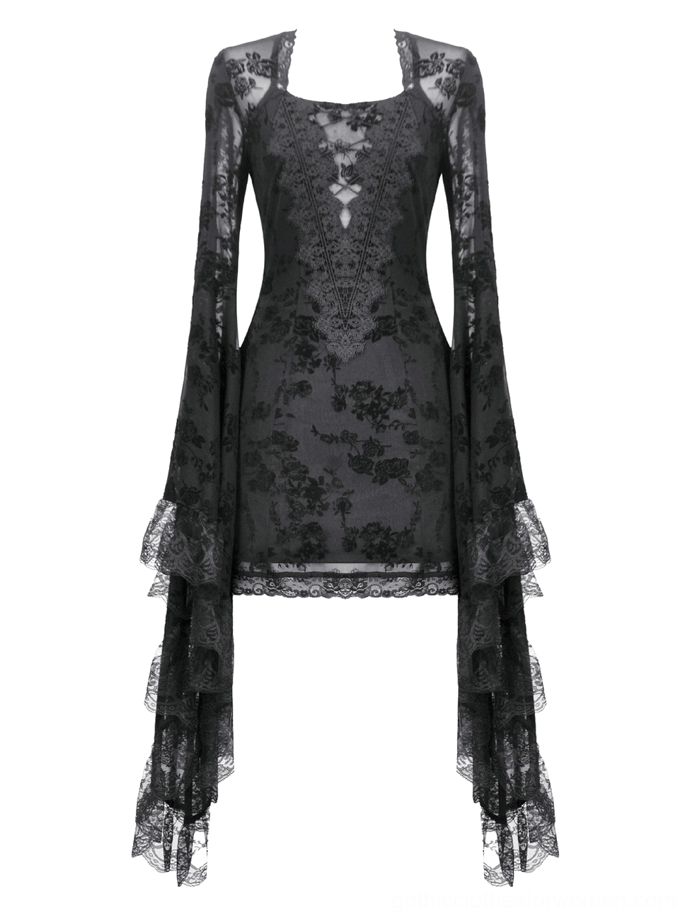 Black lace mini dress front flat lay showing square neck and layered lace cuffs detail