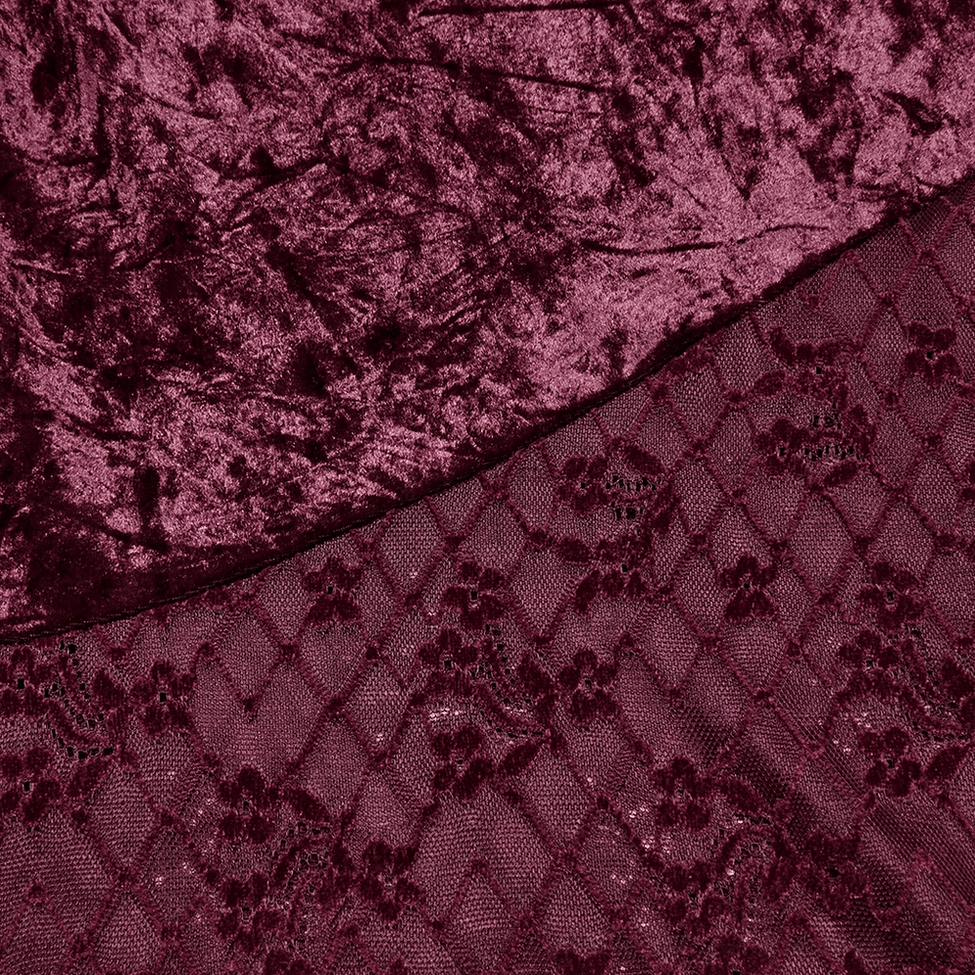 Floral lace panel detail showing intricate grid mesh base and matching burgundy tone of gothic fishtail skirt lace