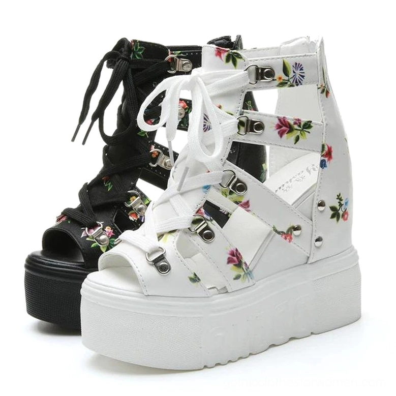 Two-tone floral chunky platform sandals with thick rubber sole, side flat lay view on white background