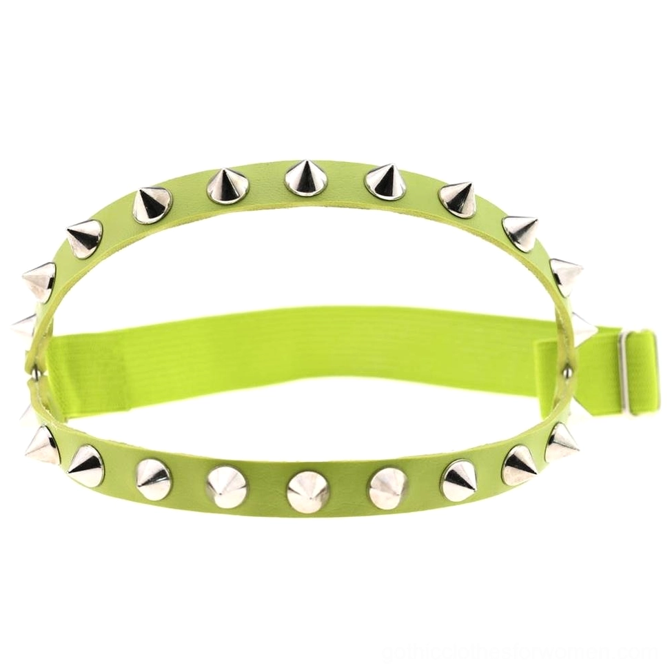 Fluorescent neon green spiked leg garter with silver cone rivets elastic leather strap adjustable gothic harness