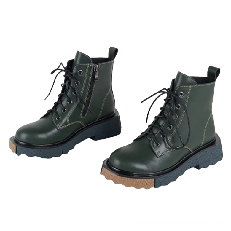 Forest green genuine leather gothic ankle boots featuring side zipper, lace-up fastening, and chunky platform sole, flat lay display