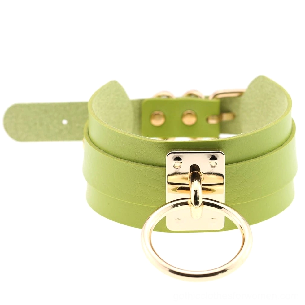 Forest green PU leather double-layer bondage choker with gold metal lock ring, nature-inspired goth necklace