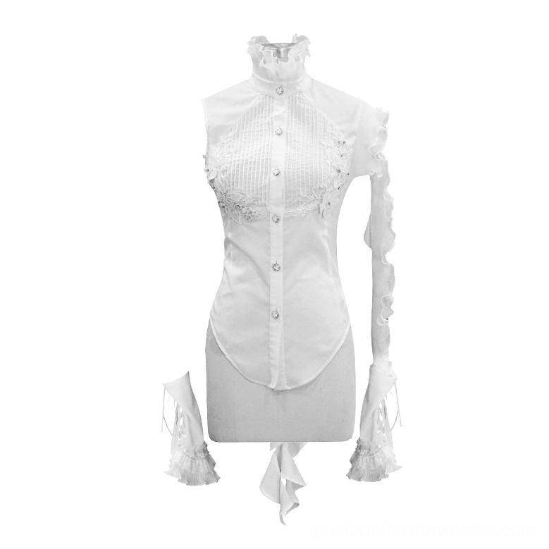 White gothic formal blouse front view on mannequin with pleated front panel and detachable ruffled sleeve options
