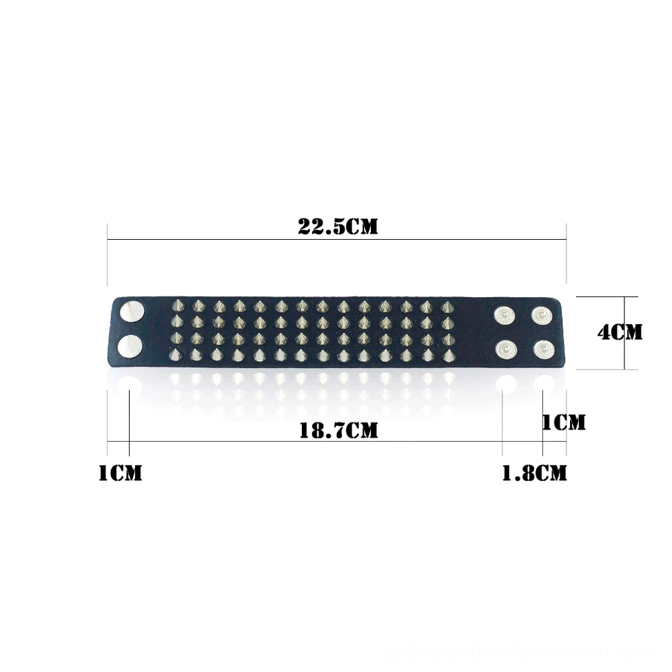Technical flat lay size specification chart showing four-row spike gothic bracelet dimensions and measurements