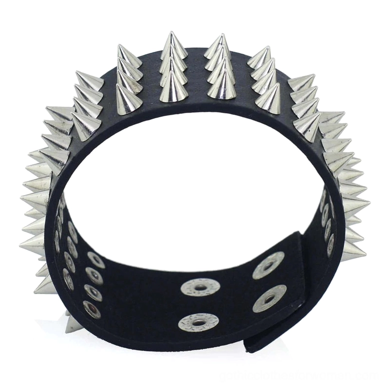 Top-down overhead view of spike leather bracelet showing complete circular spike configuration and snap closure fastening