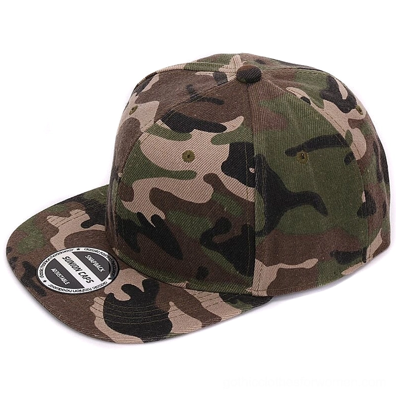 Full woodland camouflage snapback baseball cap three-quarter view dark brown military pattern