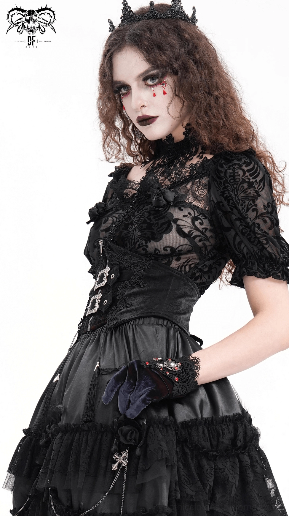 Full corset belt display showing complete design lace detailing and tassel embellishments