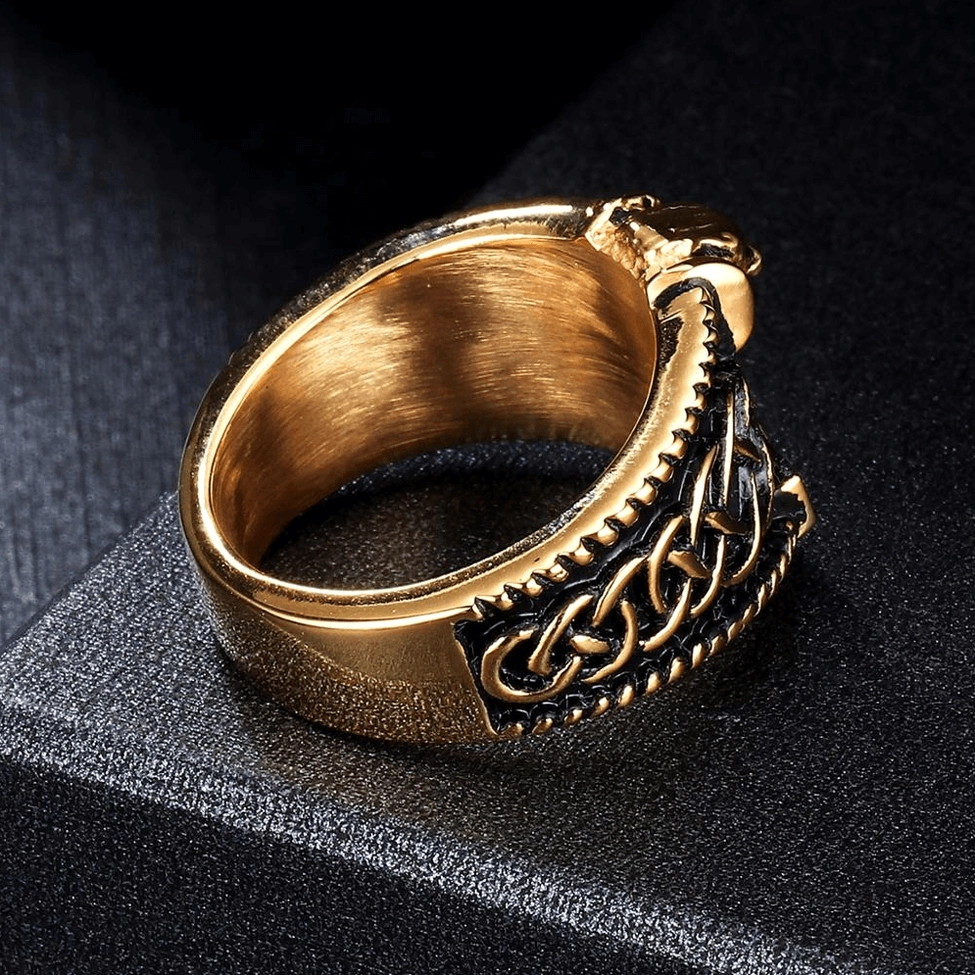 Full gold-tone stainless steel Mjolnir Celtic men's ring displaying engraved Norse mythology and Celtic artistry