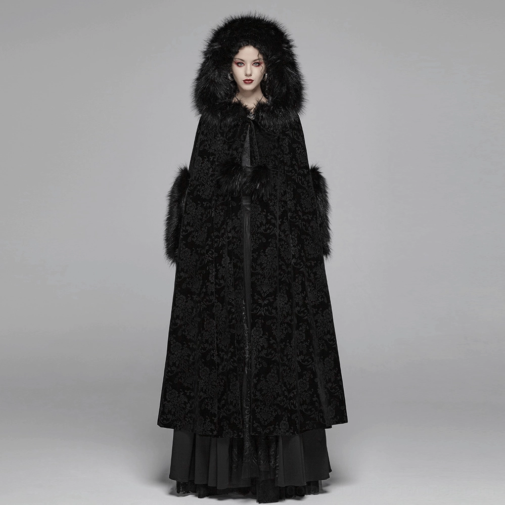 Full-length black Gothic hooded cloak overhead hood design creating mysterious silhouette on model
