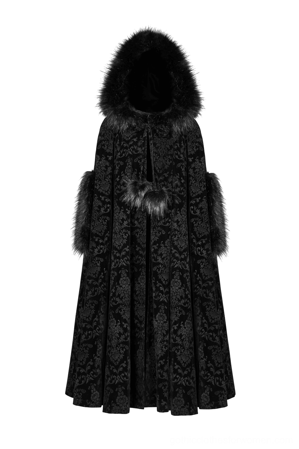 Full-length black velvet Gothic cloak front flat view with signature fuzzy pom-pom closures and faux fur details