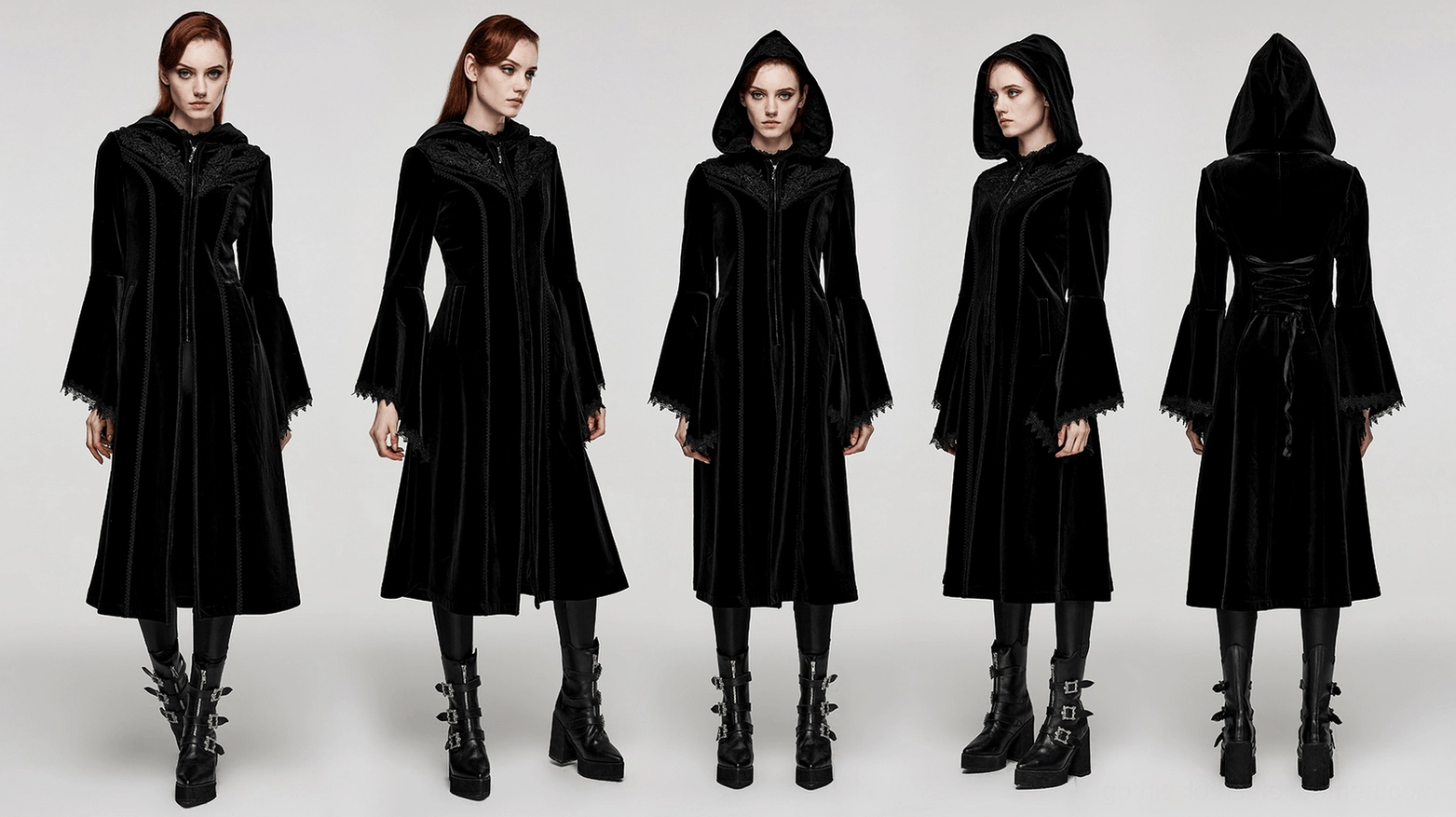 Full-length gothic velvet winter coat with corset back and theatrical bell sleeves styling