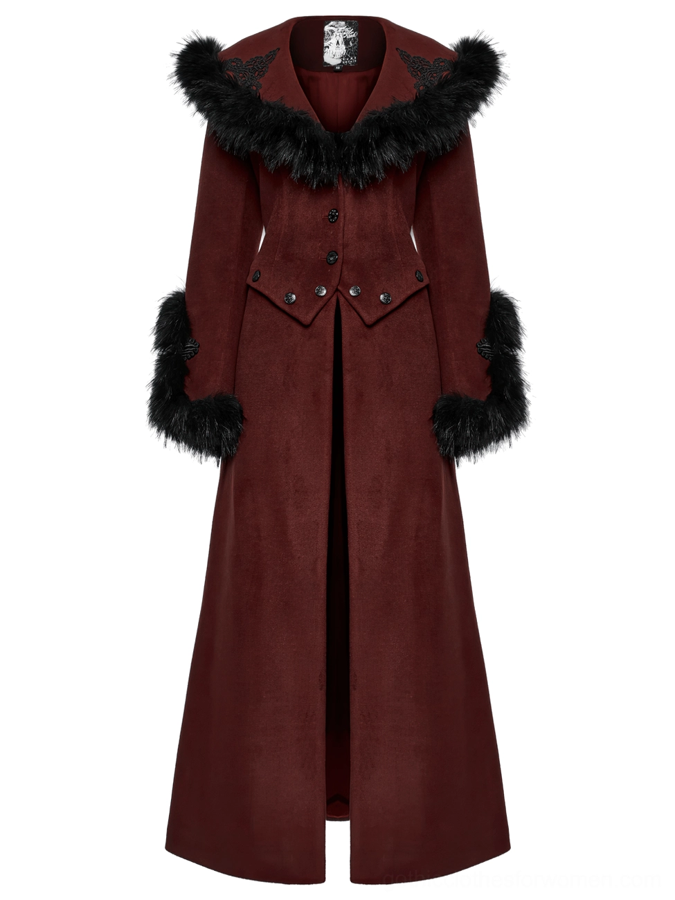 Full-length gothic wool coat flat lay displaying split front hem, tailored silhouette, black faux fur trims, and wine red tone throughout