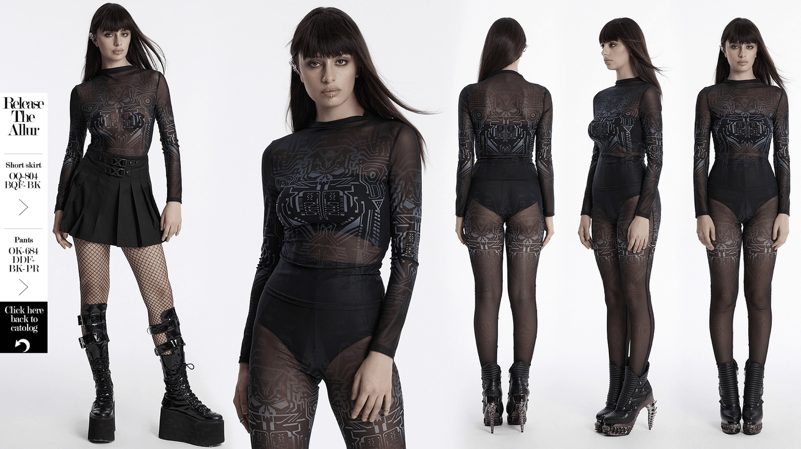 Full-length side view of black cyberpunk mesh long-sleeve gothic top on model with circuit skull design