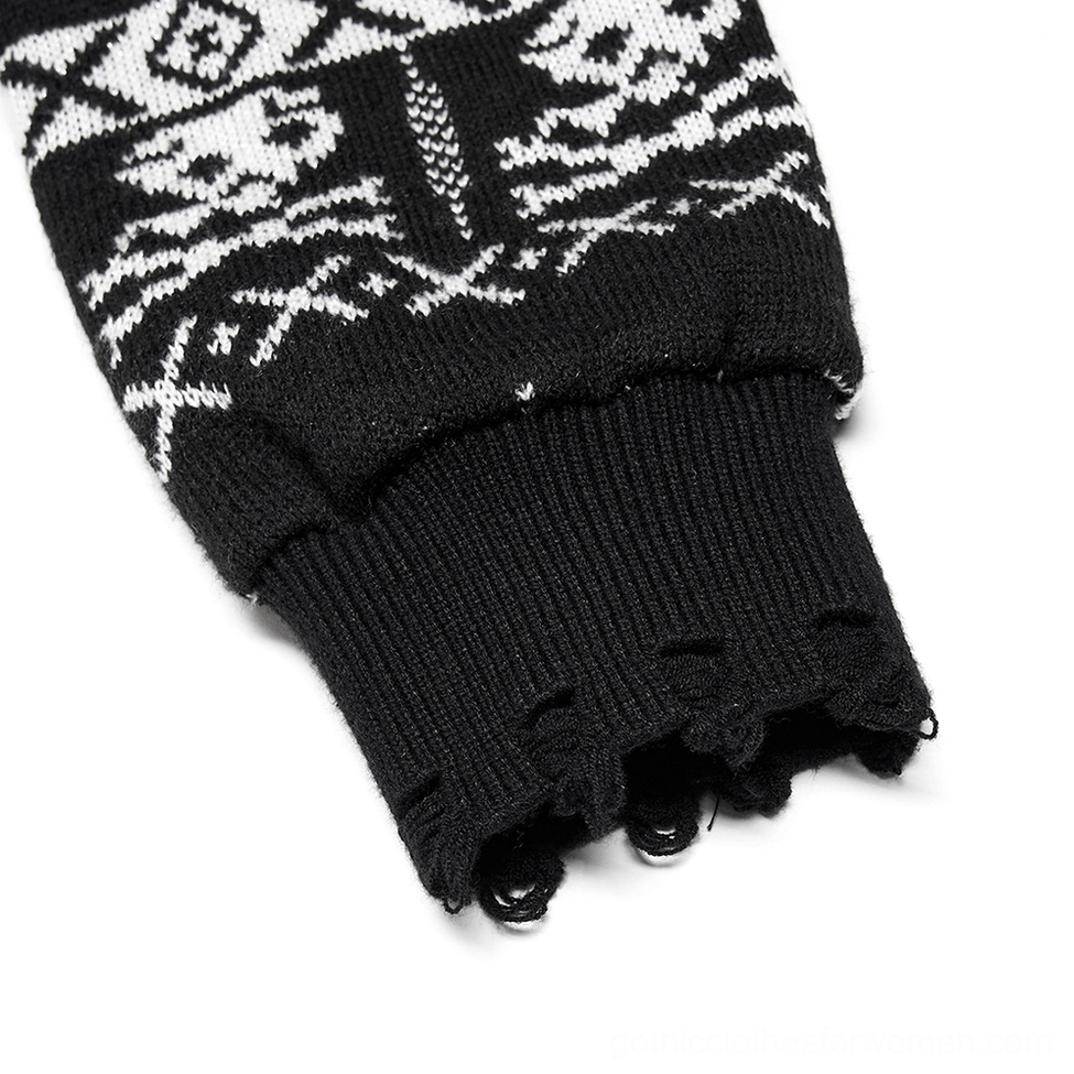 Full-length black skull pattern gothic sweatshirt with removable sleeves and distressed details