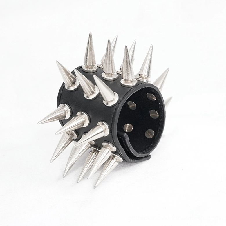 Full-surround black leather spike bracelet oblique close-up, showing spikes distributed around entire cuff with adjustable snap holes
