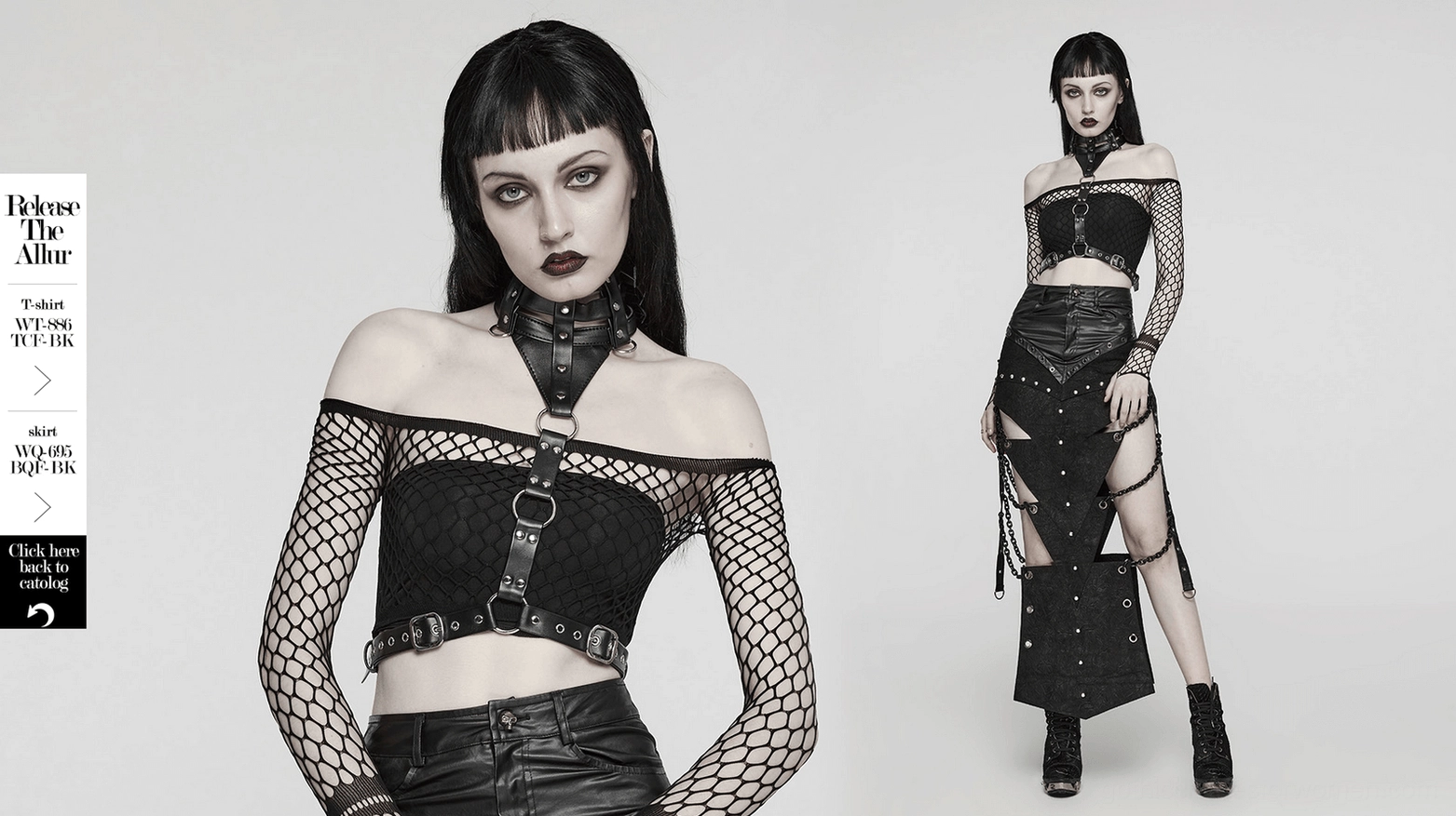 Full view black gothic body harness with choker showing complete design, proportions, and fit on mannequin