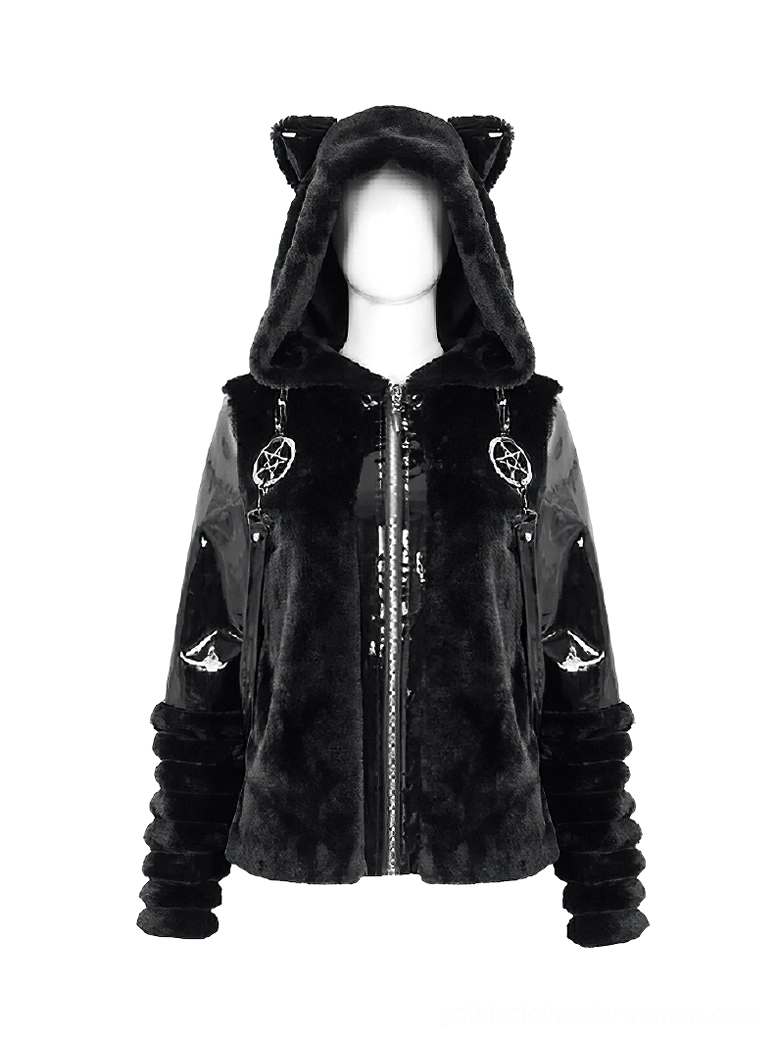 Black fuzzy cat ear hooded gothic jacket front view on female mannequin showing patent leather sleeves