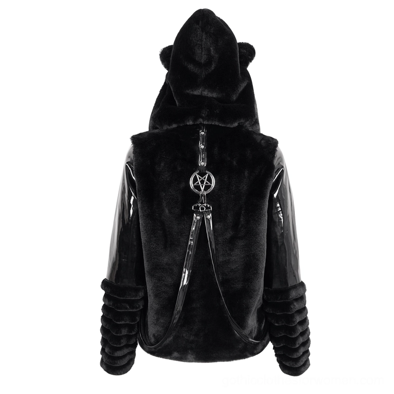 Fuzzy black cat ear hooded jacket back view on mannequin displaying pentagram strap and ruched cuffs