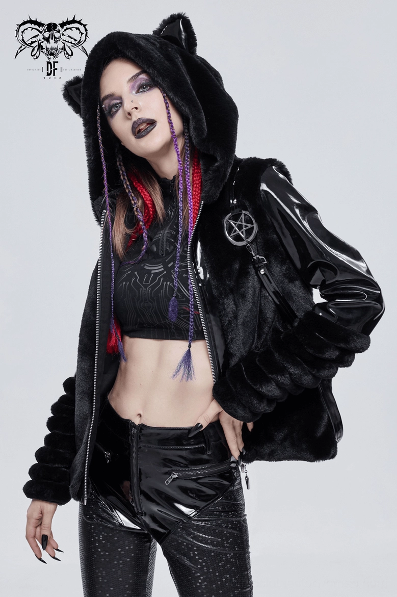Black fuzzy hooded jacket with sculpted patent leather cat ears and pentagram accessories