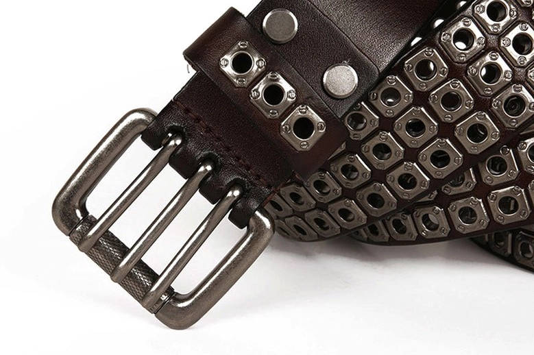 Premium genuine cowskin leather gothic studded belt with geometric square grommet layout for goth aesthetic