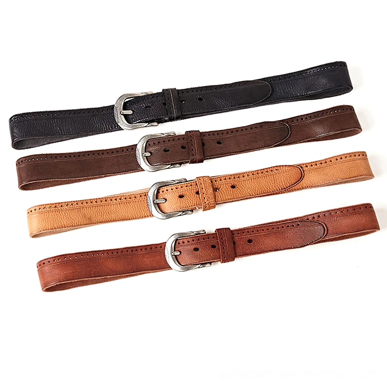 Genuine cowskin gothic leather belt with perforated adjustment system, silver metal buckle, alternative style accessory