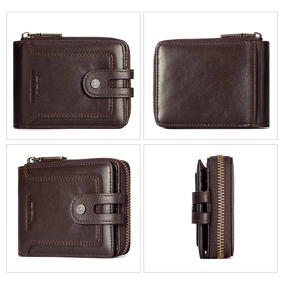Premium genuine cow leather gothic wallet structured design with metal hardware and button closure