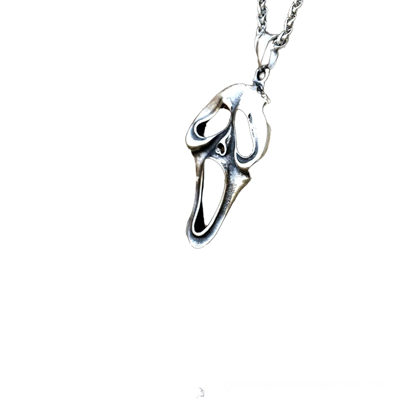 Ghost screaming face gothic necklace pendant, twisted wheat chain detail, hollow design stainless steel