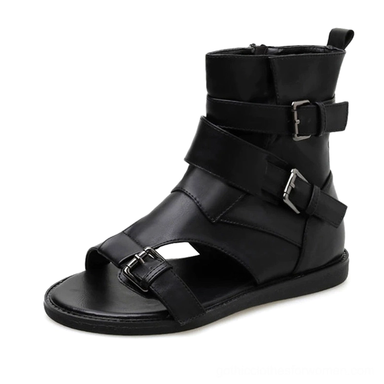 Single black gothic gladiator sandal side profile, displaying adjustable buckles and flat rubber sole from left view
