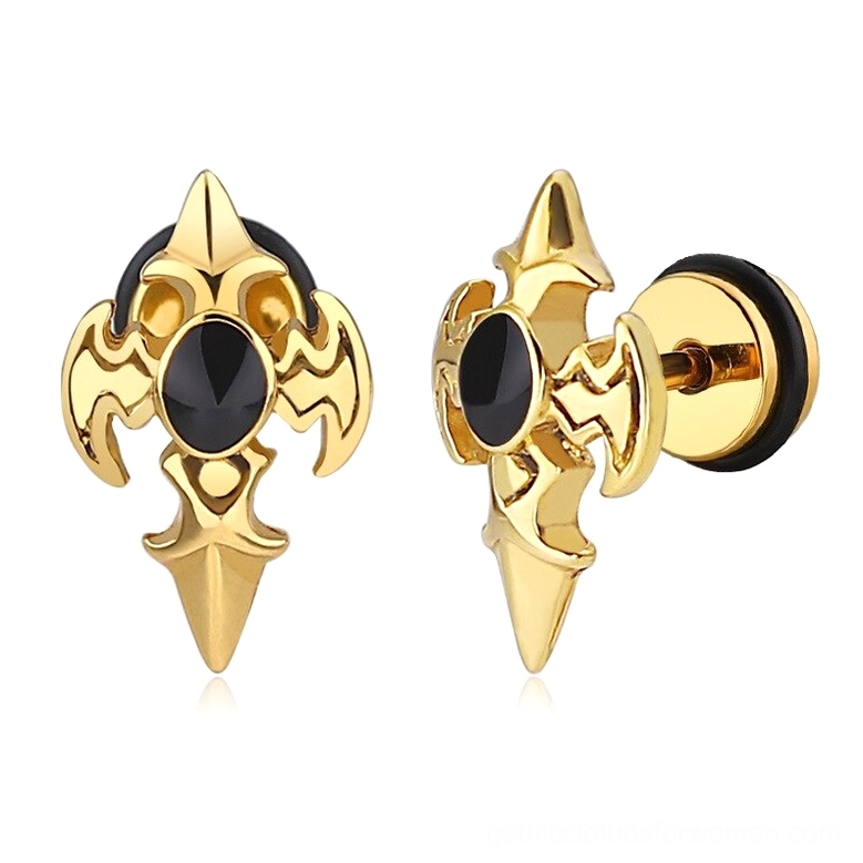 Gold tone gothic cross stud earrings with black zirconia gemstone - flat front view alternative metal finish