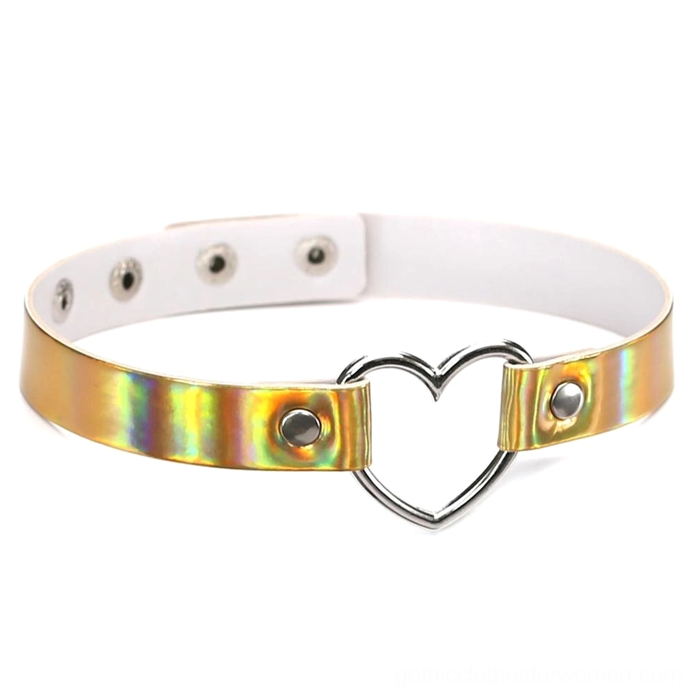 Gold holographic heart choker necklace featuring iridescent PU leather and metal heart center piece detail