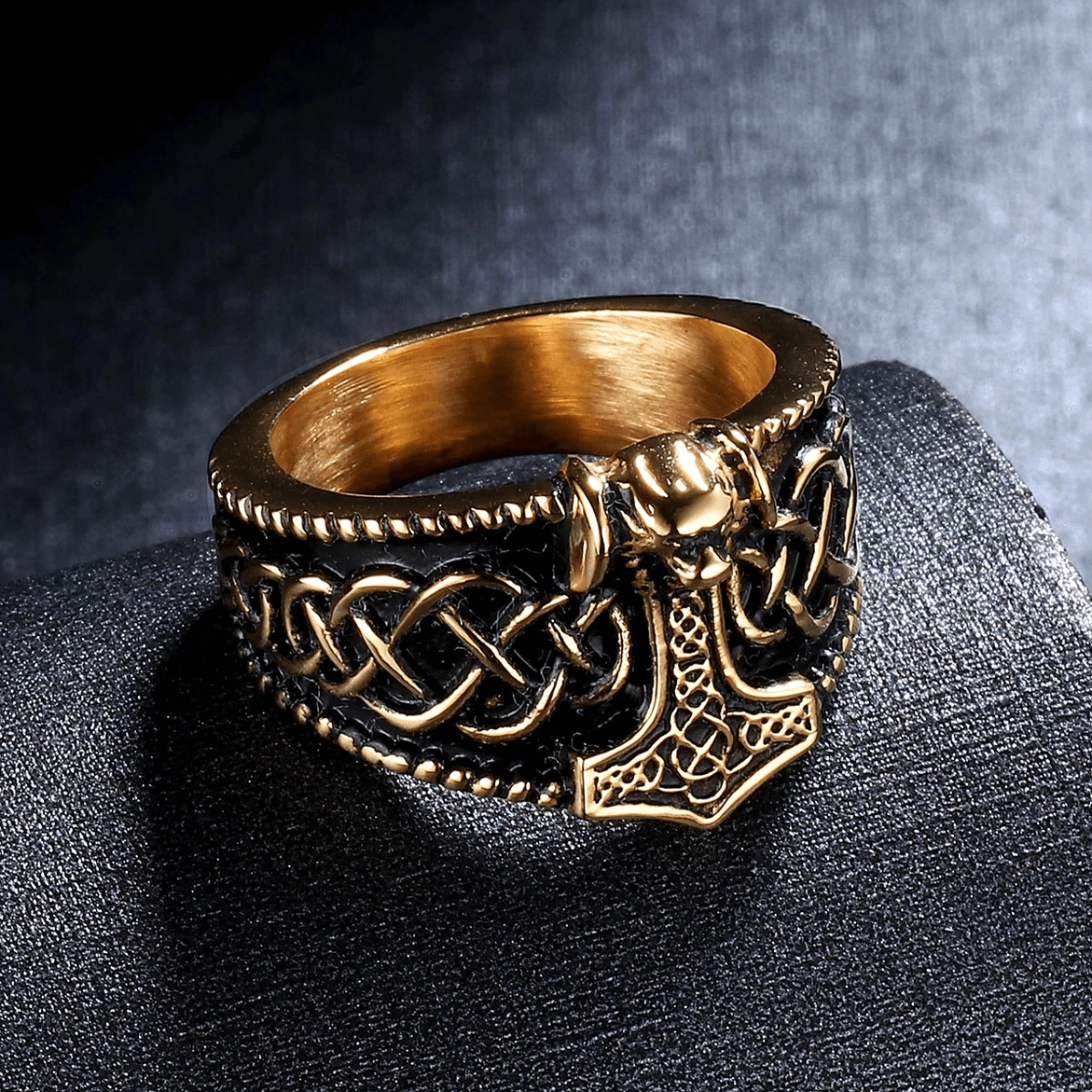 Gold-toned stainless steel Mjolnir Celtic gothic ring with detailed engraved Norse hammer motif