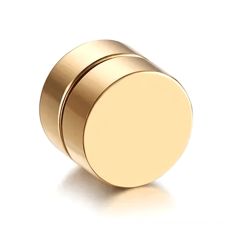 Gold magnetic stud earring front close-up, polished round stainless steel gothic alternative jewelry