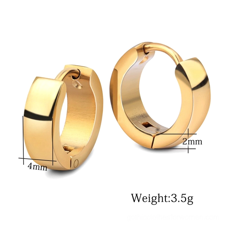 Gold stainless steel round stud earrings showing size and weight specifications, industrial gothic aesthetic