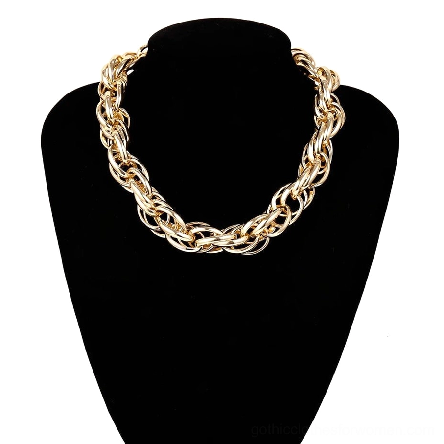 Gold style one chunky twisted chain necklace detail, opulent gothic metal statement piece