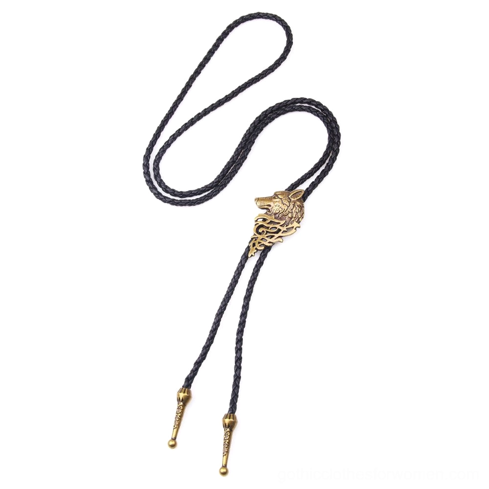 Gold wolf head gothic choker necklace vertical display highlighting metallic finish and sculptural carving