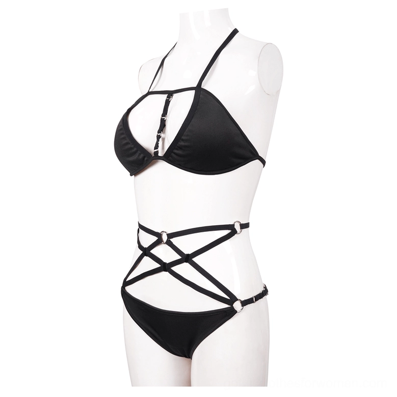 Dark occult-inspired pentagram bikini displayed on mannequin left side profile with bondage waist design