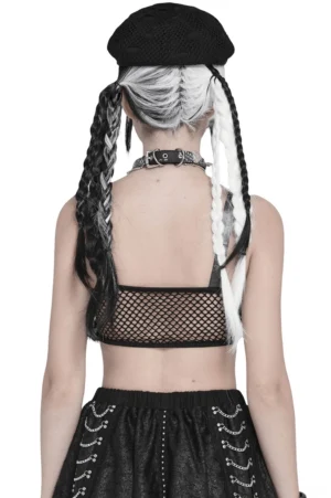 Black goth bralette with fishnet back panel and lace-up front, styled with studded accessories and choker for alternative fashion look